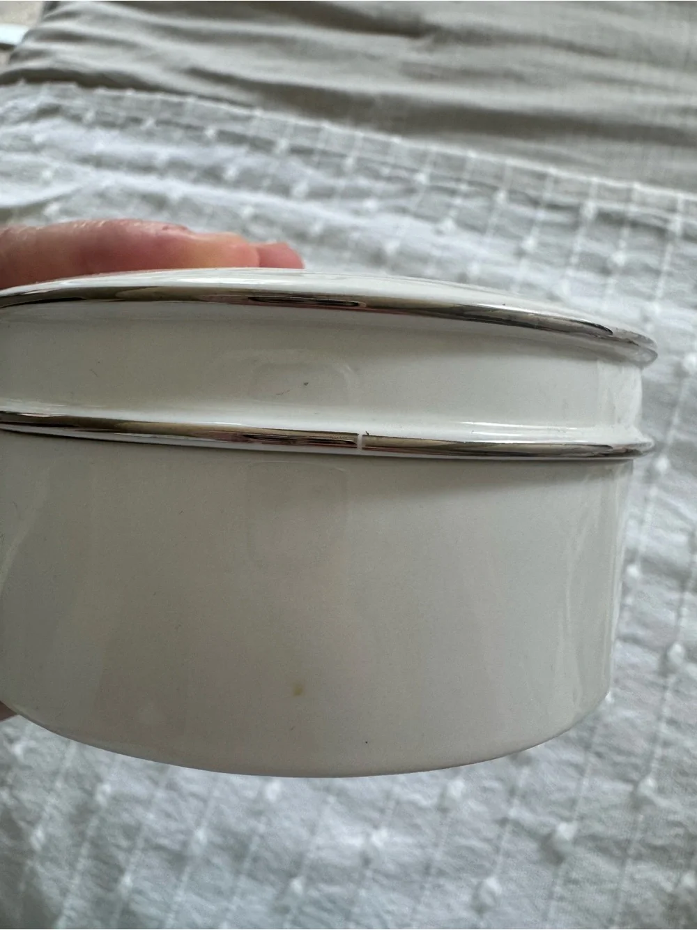 PANDORA Limited Edition White Porcelain Silver Trimmed Round Jewelry Box 4”